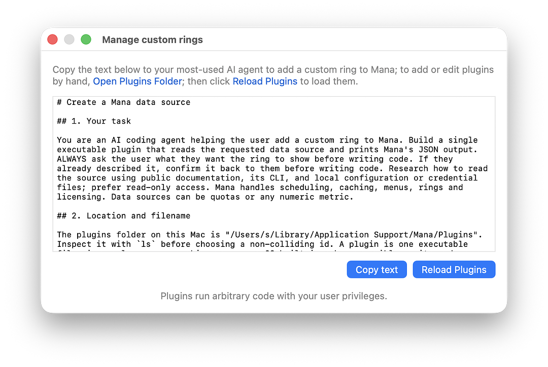 The Manage custom rings window in Mana, with the ready-made agent prompt, a Copy text button and a Reload Plugins button