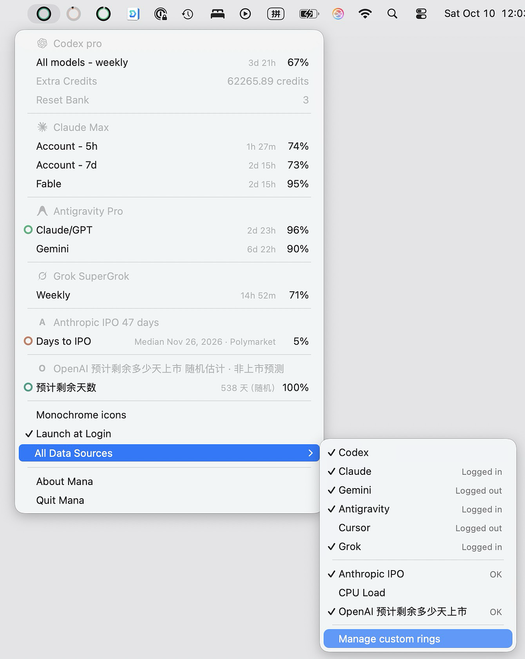 Mana menu showing built-in Codex, Claude, Antigravity and Grok quotas alongside plugin data sources, with the All Data Sources submenu open and Manage custom rings at the bottom
